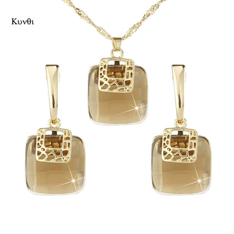 2019 New Luxurious Golden Metal Dubai Jewelry Sets Geometric Square Champagne Crystal Earrings Pendant Necklace Sets for Women