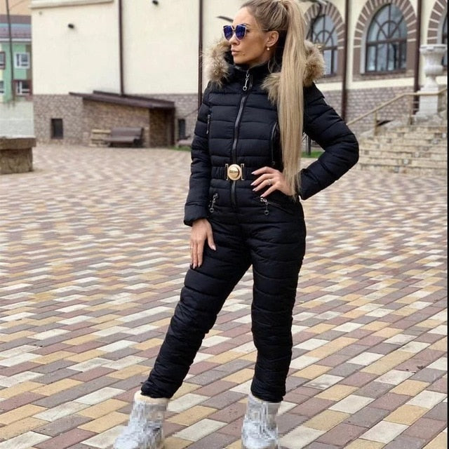 New Winter Hooded Jumpsuits Parka Elegant Cotton Padded Warm Sashes Ski Suit Straight Zipper One Piece Women Casual Tracksuits