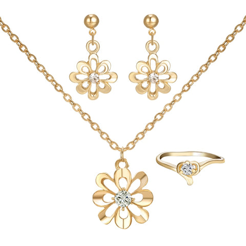 Elegant Women Jewelry Set gold Flower Pendant Necklaces Earring Rings Set Pretty Bride wedding Accessories