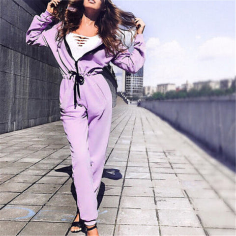 Women Long Sleeve Slim Hooded Jumpsuit & Romper Causal Zipper Hoodies Jumspuit Winter Autumn Elegant Woman Solid Playsuit Outfit