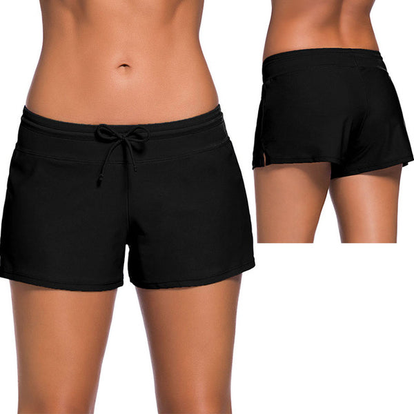 SEBOWEL 2019 Womens Bikini Swimwear Lace Up Beach Swim Shorts Black Wide Waistband Swimsuit Bottom Shorts Female Swim Boardshort