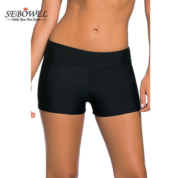 SEBOWEL 2019 Womens Bikini Swimwear Lace Up Beach Swim Shorts Black Wide Waistband Swimsuit Bottom Shorts Female Swim Boardshort