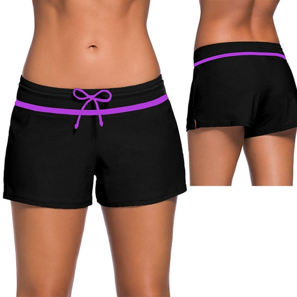 SEBOWEL 2019 Womens Bikini Swimwear Lace Up Beach Swim Shorts Black Wide Waistband Swimsuit Bottom Shorts Female Swim Boardshort