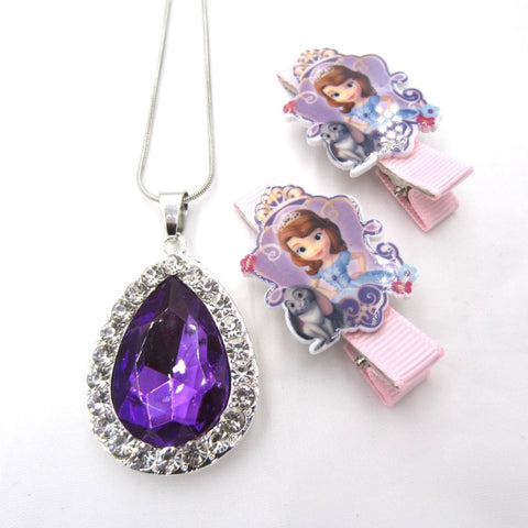 1set Sofia The First Necklace For Kids Girl Hairpin Purple Amulet Pendant Necklaces Children Hairwear Birthday Gifts Jewelry set