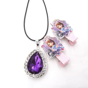 1set Sofia The First Necklace For Kids Girl Hairpin Purple Amulet Pendant Necklaces Children Hairwear Birthday Gifts Jewelry set