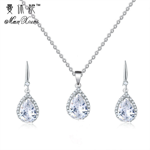 Manxiuni Water Drop Cubic Zirconia Wedding Jewelry Sets inlay Luxury Crystal Bridal necklace Earrings Set Gifts For Bridesmaids