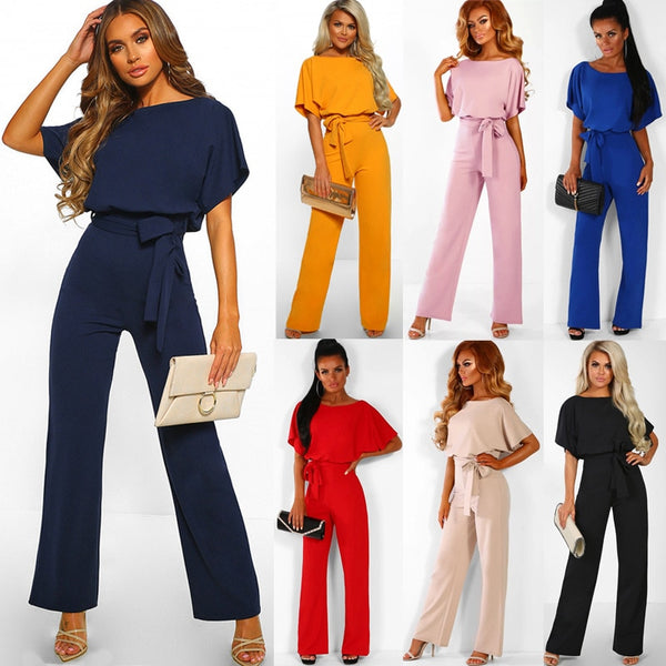 Elegant O Neck Casual Jumpsuits 2019 Summer Red 3XL Plus Size Loose Women Bandage Long Overalls High Waist Straight Office Wears