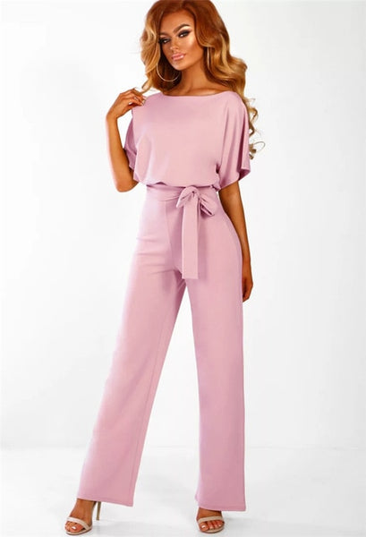 Elegant O Neck Casual Jumpsuits 2019 Summer Red 3XL Plus Size Loose Women Bandage Long Overalls High Waist Straight Office Wears