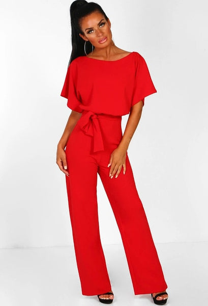 Elegant O Neck Casual Jumpsuits 2019 Summer Red 3XL Plus Size Loose Women Bandage Long Overalls High Waist Straight Office Wears