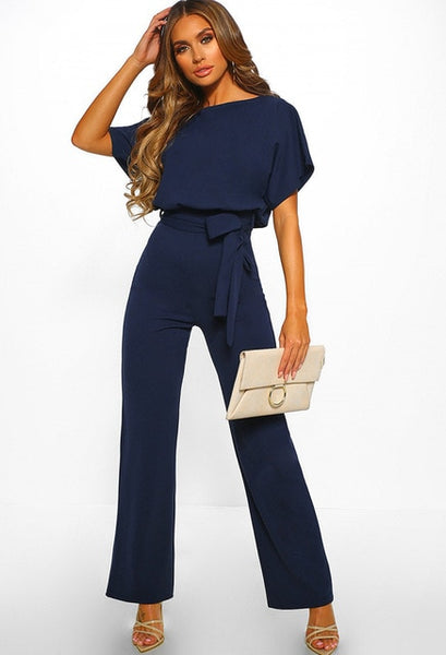 Elegant O Neck Casual Jumpsuits 2019 Summer Red 3XL Plus Size Loose Women Bandage Long Overalls High Waist Straight Office Wears