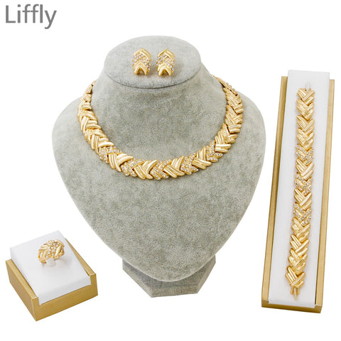 Liffly Bridal Dubai Gold Jewelry Sets Crystal Necklace Bracelet Nigerian Wedding Party Women Fashion Jewelry Set