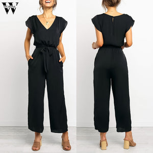 Womail bodysuit Women Summer Fashion Short Sleeve V-Neck Solid Playsuit Simple Beach Sundress long Jumpsuits Holiday 2019 M57