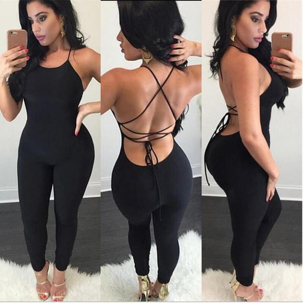 Women Summer Sexy Jumpsuits Spaghetti Strap Women Backless Hollow Out lace-up Sleeveless Solid Club Party Female Jumpsuit