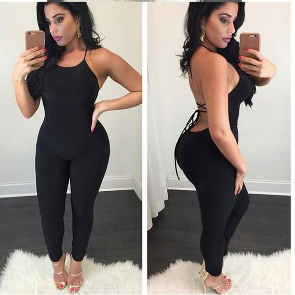 Women Summer Sexy Jumpsuits Spaghetti Strap Women Backless Hollow Out lace-up Sleeveless Solid Club Party Female Jumpsuit