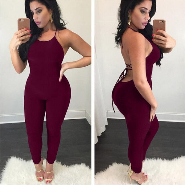 Women Summer Sexy Jumpsuits Spaghetti Strap Women Backless Hollow Out lace-up Sleeveless Solid Club Party Female Jumpsuit