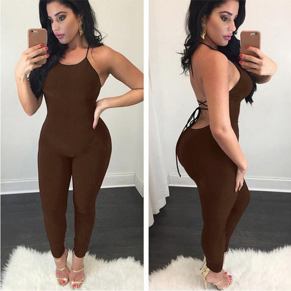 Women Summer Sexy Jumpsuits Spaghetti Strap Women Backless Hollow Out lace-up Sleeveless Solid Club Party Female Jumpsuit