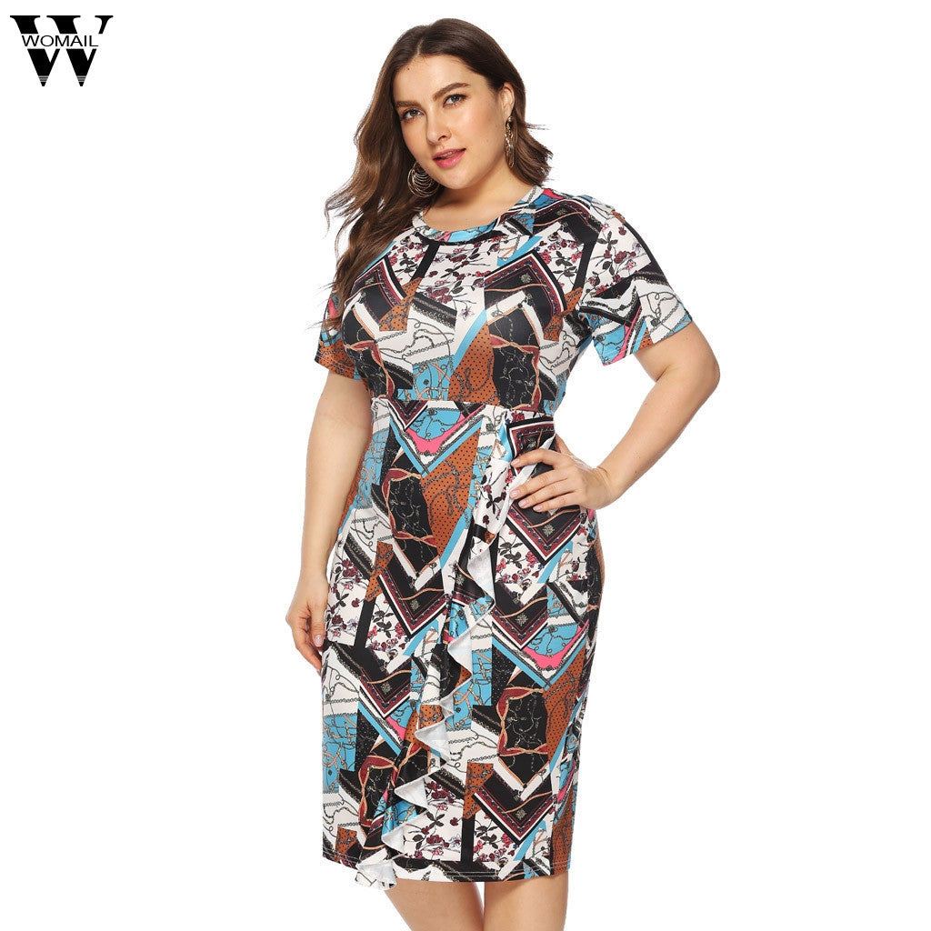 Womail dress Summer Women Plus Size Casual O-Neck Short Sleeve Knee Length Dress Party Dresss Holiday Beach 2019 dropship M11