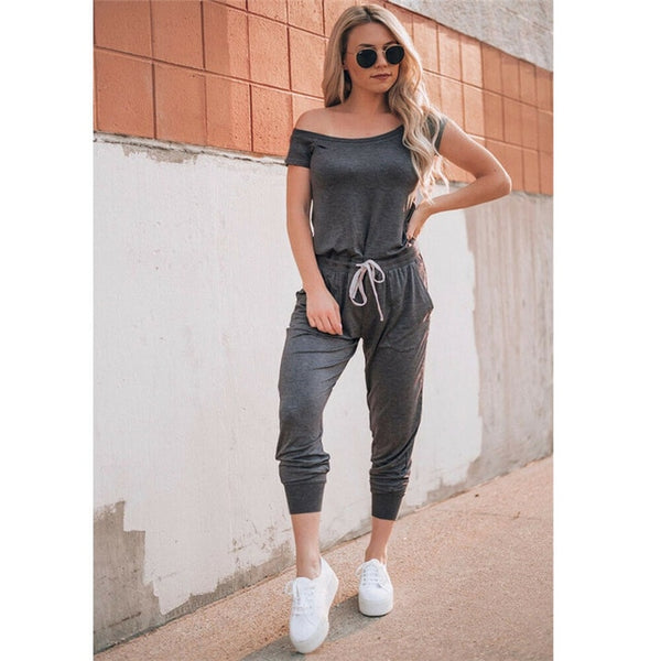 Hot Selling Women Clubwear Jumpsuit Short Sleeve Off Shoulder Female High Waist Sexy Jumpsuit Cotton Long Trousers