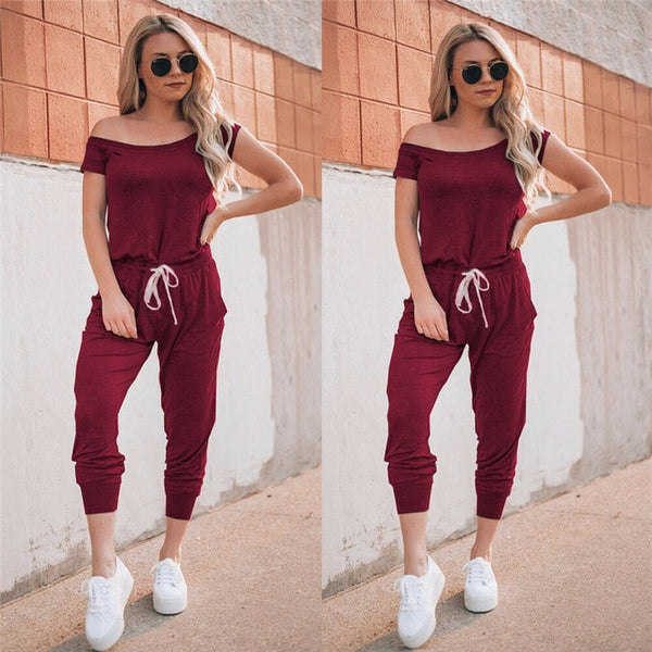 Hot Selling Women Clubwear Jumpsuit Short Sleeve Off Shoulder Female High Waist Sexy Jumpsuit Cotton Long Trousers