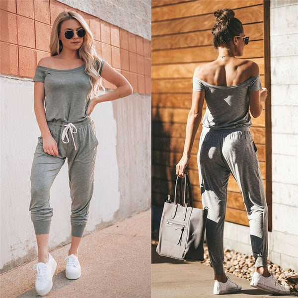 Hot Selling Women Clubwear Jumpsuit Short Sleeve Off Shoulder Female High Waist Sexy Jumpsuit Cotton Long Trousers