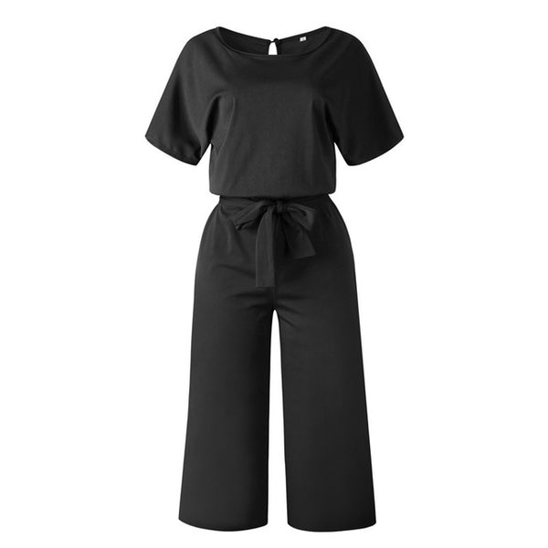 Women Cotton Bandage Jumpsuit Summer Fashion 2019 Short Sleeve Playsuits Clubwear Straight Leg With Belt Overalls Bodycon Ladies