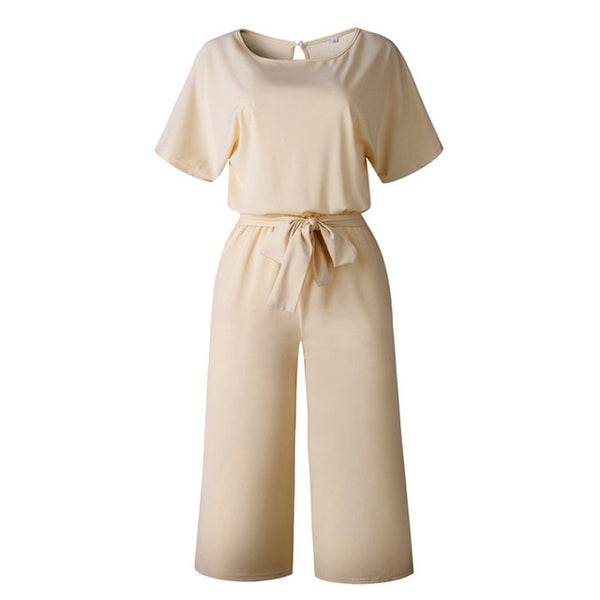 Women Cotton Bandage Jumpsuit Summer Fashion 2019 Short Sleeve Playsuits Clubwear Straight Leg With Belt Overalls Bodycon Ladies