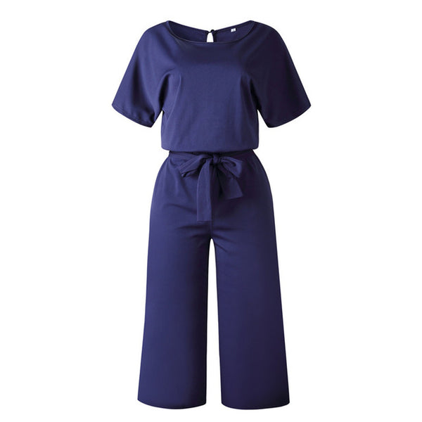 Women Cotton Bandage Jumpsuit Summer Fashion 2019 Short Sleeve Playsuits Clubwear Straight Leg With Belt Overalls Bodycon Ladies