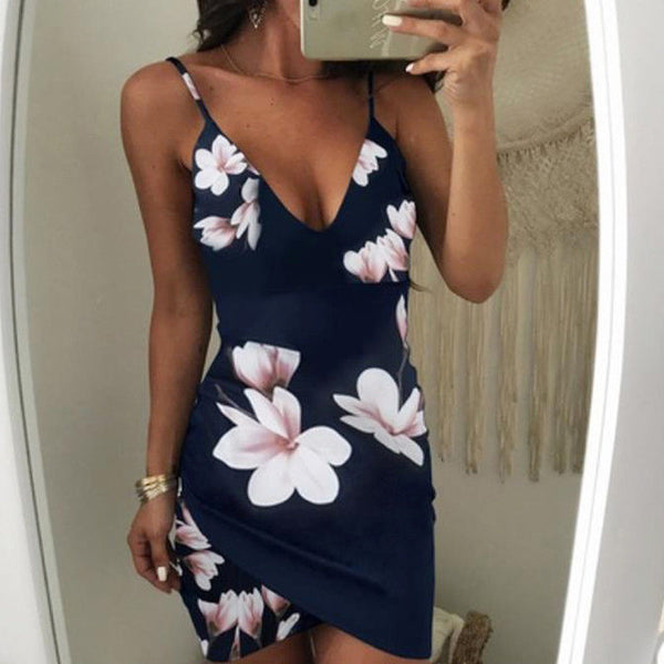 Women Summer Boho Short Dress Slim Sleeveless Printing V Neck Ladies Mini Dresss Casual Sexy Dress 2019 Hot