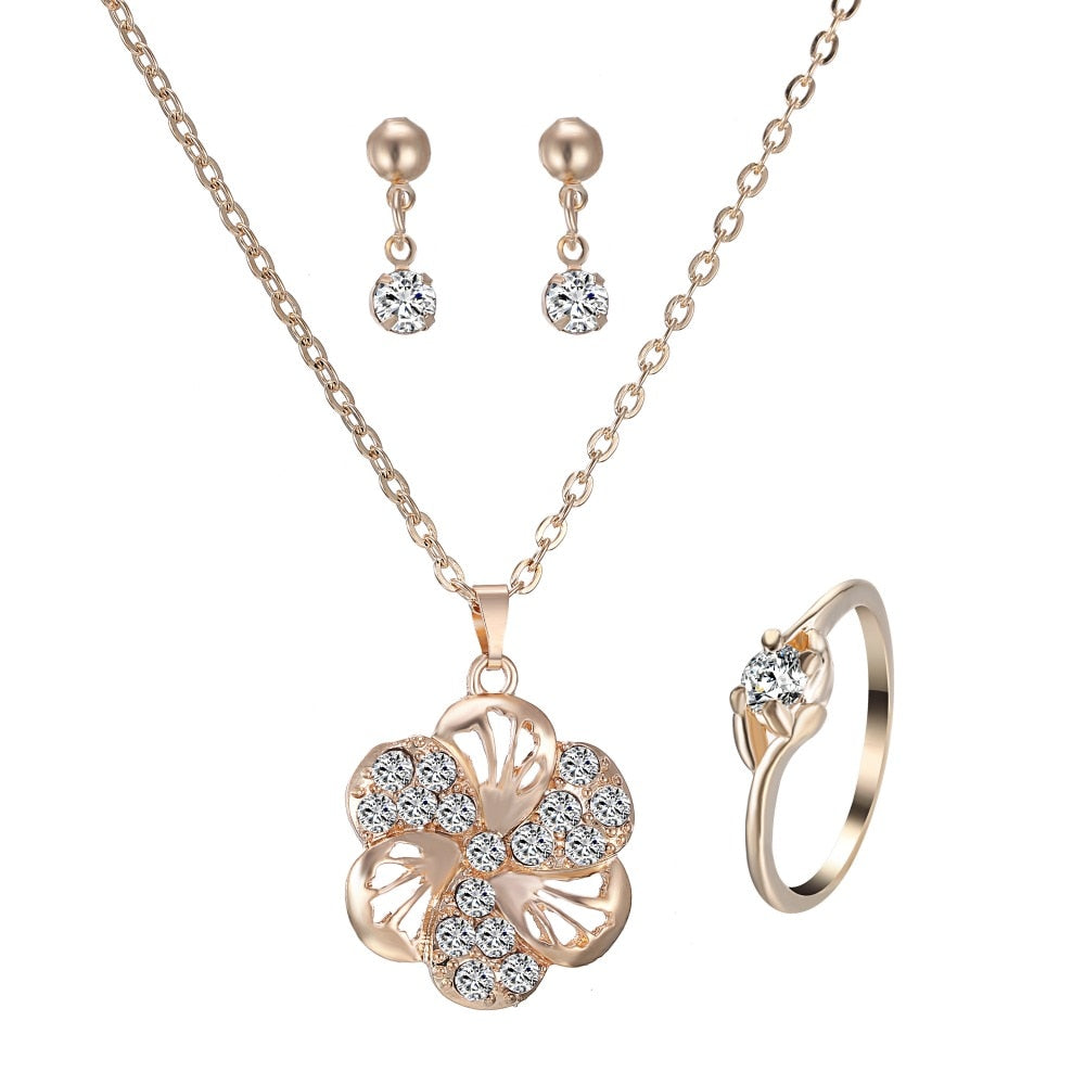 Rinhoo Flower Necklace Earring Ring Jewelry Set Female Gold Bijoux Set Crystal Jewelry Elegant Lady Accessories